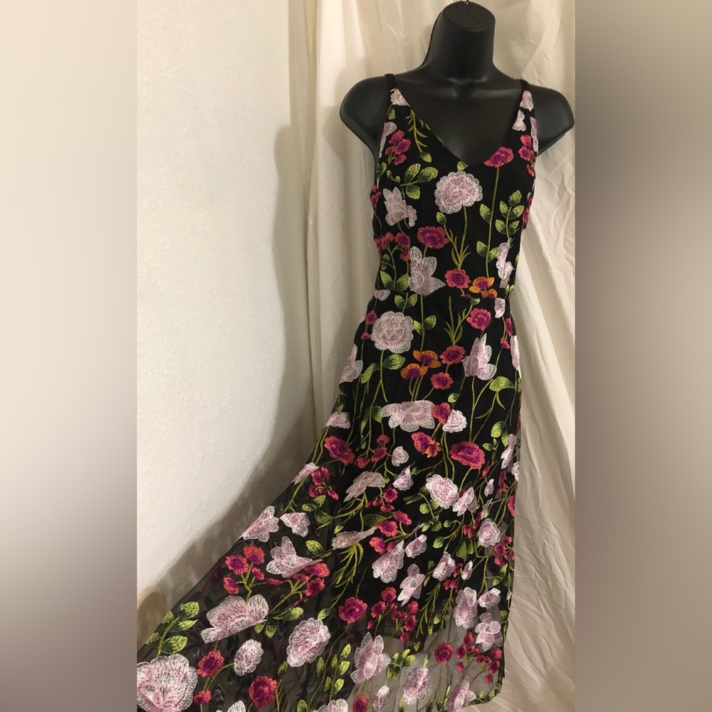 Sam Edelman black multi embroidered rose sheer overlay dress size 12 brand‎ new